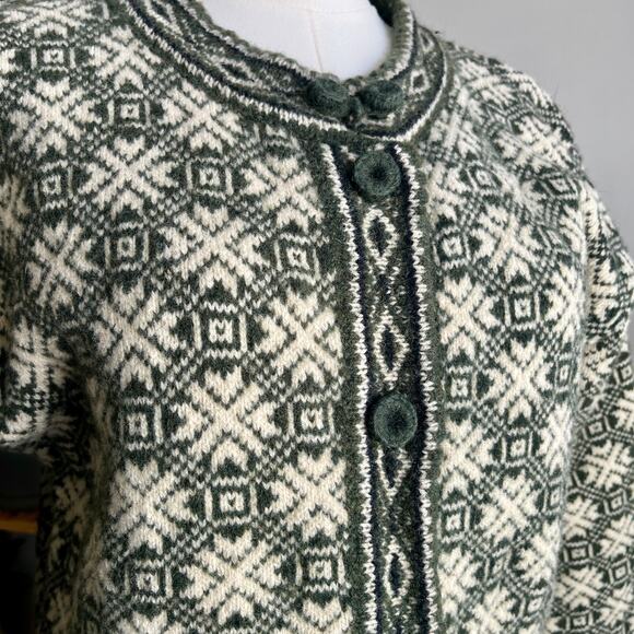 Vintage 70s Olive Green Nordic Fisherman Wool Cardigan Sweater Size Medium - Picture 5 of 7